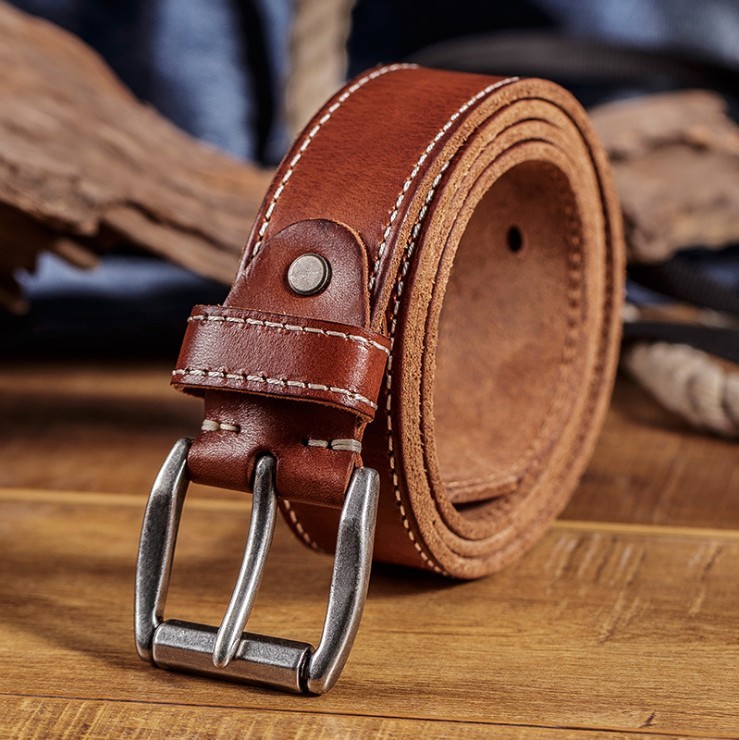 Tan cowhide leather belt with contrast cream stitching and an antique silver double-prong roller buckle