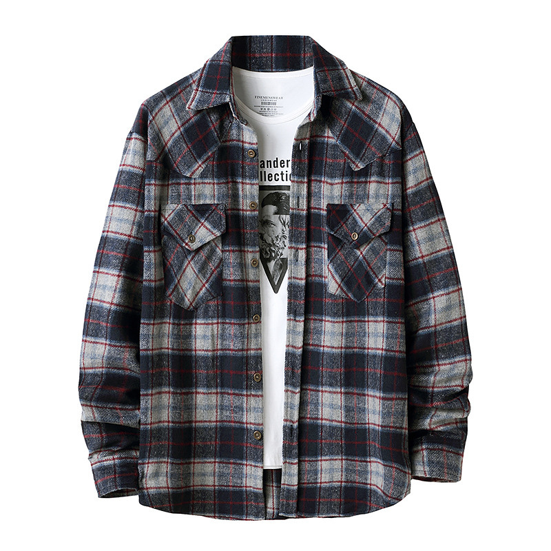 Navy, grey and red plaid brushed flannel shirt with two buttoned chest flap pockets